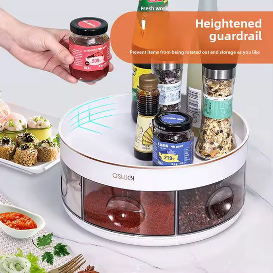 Clarify.pk rotating kitchen spice rack with heightened guardrail holding jars and spice containers