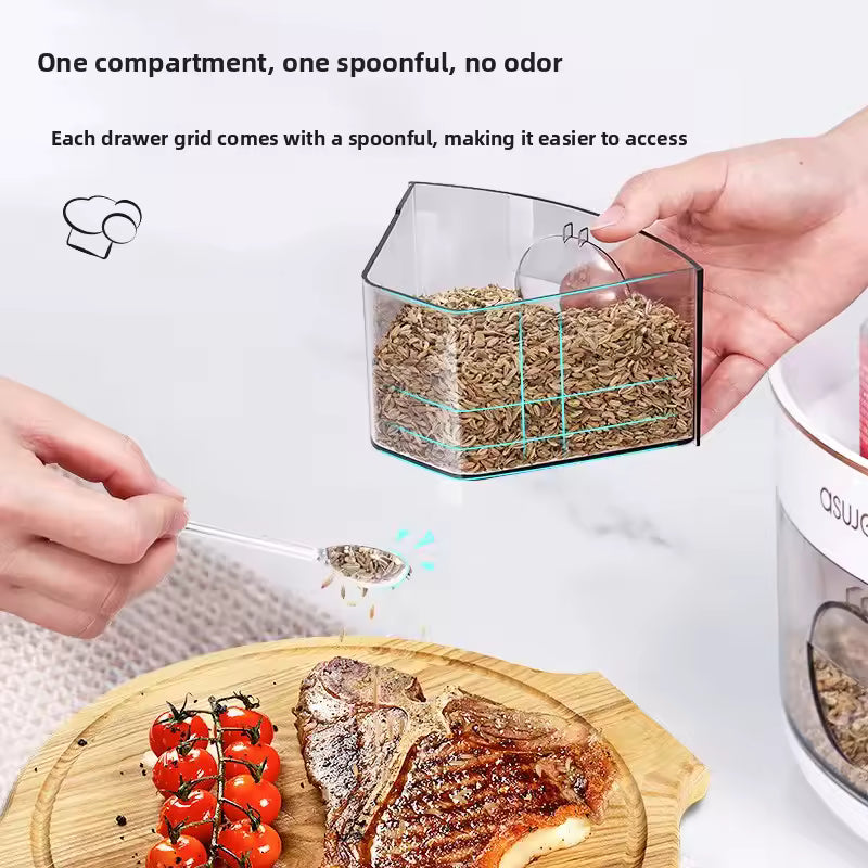 Rotating kitchen spice rack transparent compartment with spoonful scooping dried herbs over grilled steak and tomatoes