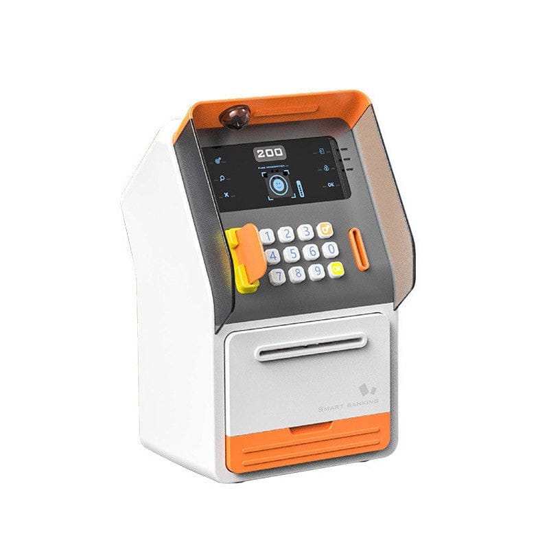 ATM machine money box with code lock in white and orange, keypad and digital display for secure savings