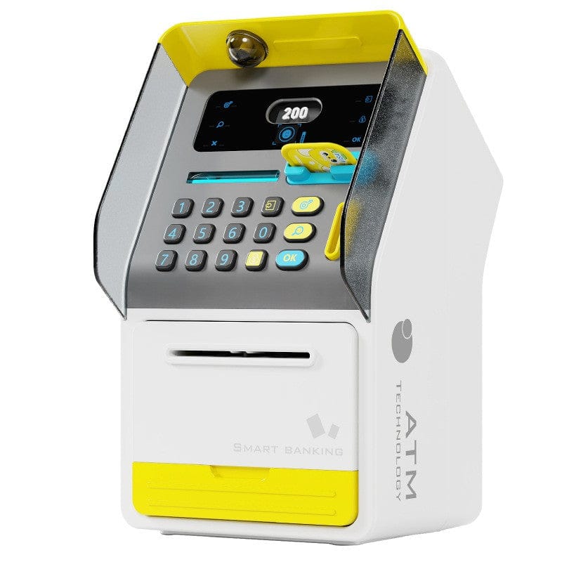 ATM machine money box with code lock in white and yellow for secure saving and banking play