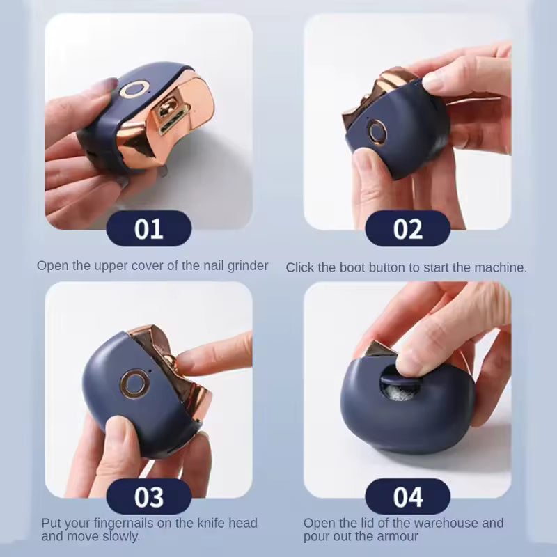 Automatic electric nail clipper by Clarify.pk showing steps to open cover, start machine, clip nails, and open compartment