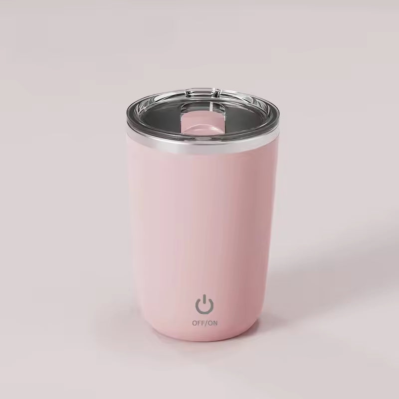 Pink Clarify.pk automatic self stirring mug with clear lid and power button for easy mixing