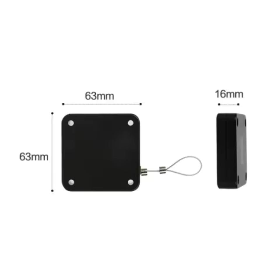 Black compact automatic sliding door closer measuring 63mm by 63mm with 16mm thickness