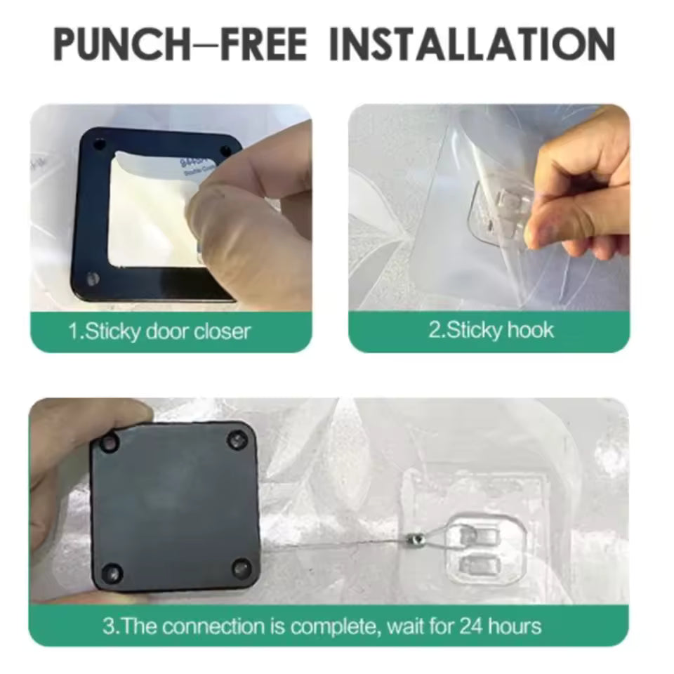 Punch-free installation steps for automatic sliding door closer with sticky door closer and sticky hook