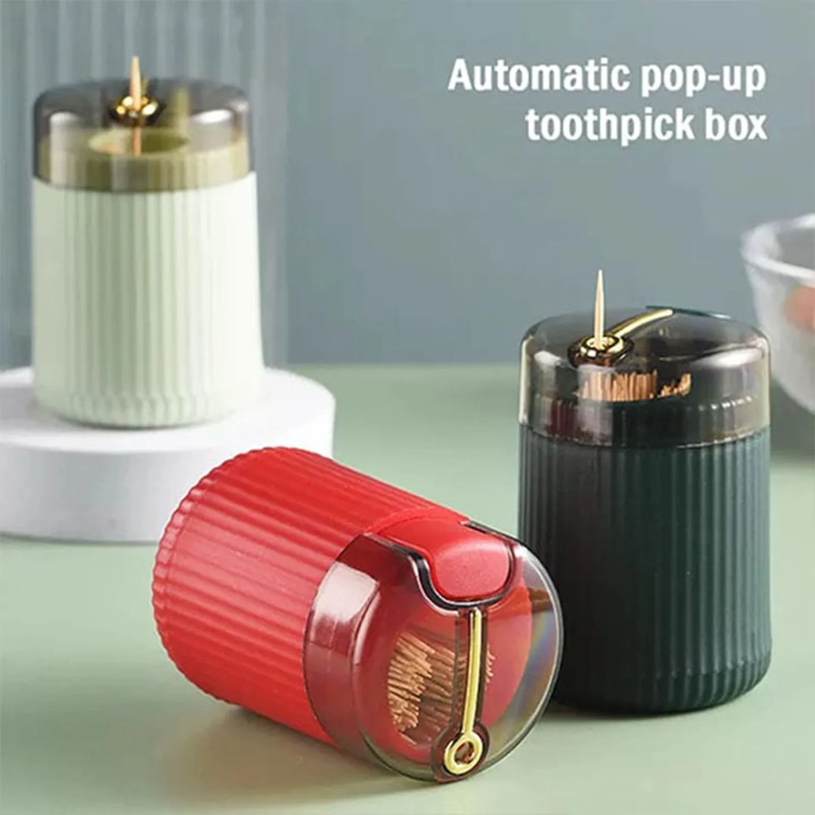 Clarify.pk automatic toothpick dispenser in red black and white with pop-up toothpick feature