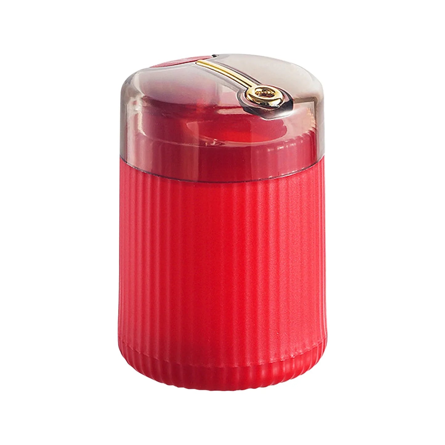 Red automatic toothpick dispenser with transparent lid and ribbed base for easy toothpick access