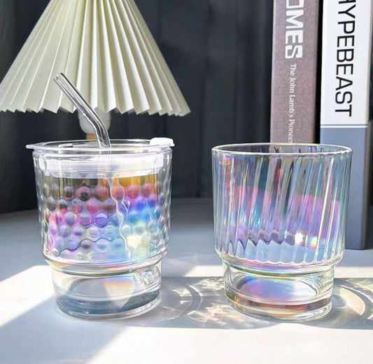 Rainbow Glass Coffee Cup – 350ml with Lid & Straw (Each)