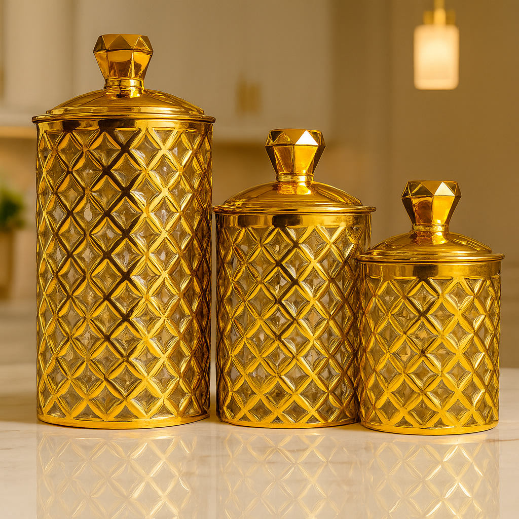Arabian Style Glass Storage Jar – Golden Lid Food Container (3 pcs set)