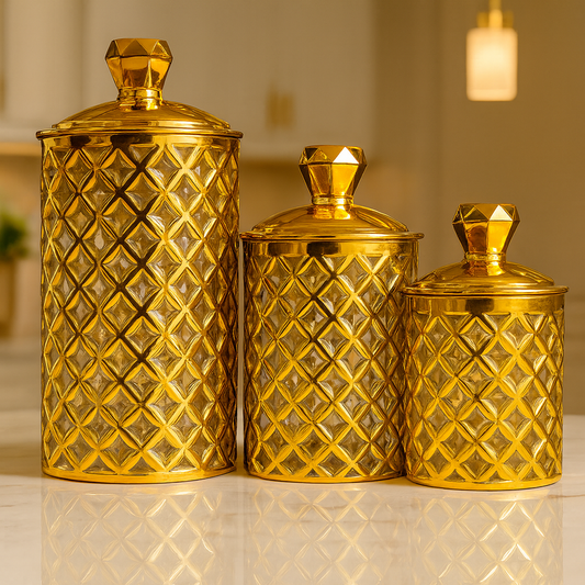 Arabian Style Glass Storage Jar – Golden Lid Food Container (3 pcs set)