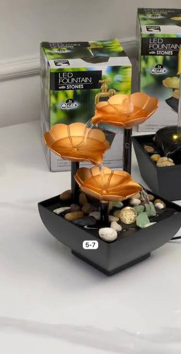 Luxury Electric Table Fountain – Golden Flower Design with Pebbles & LED Light