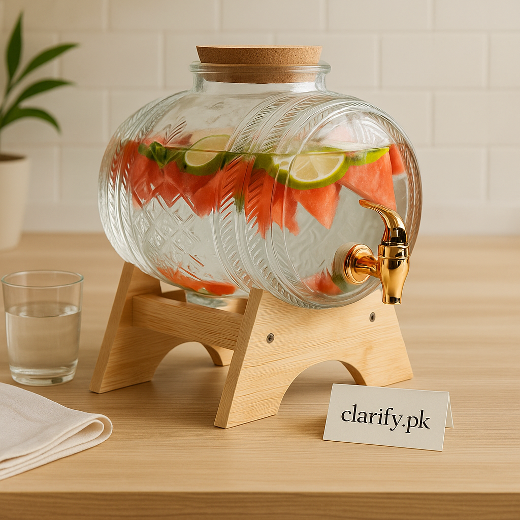 Barrel Shape Glass Water Dispenser with Bamboo Stand