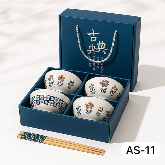 Japanese Ceramic Bowl Set of 4 with Chopsticks – Indigo Floral Print