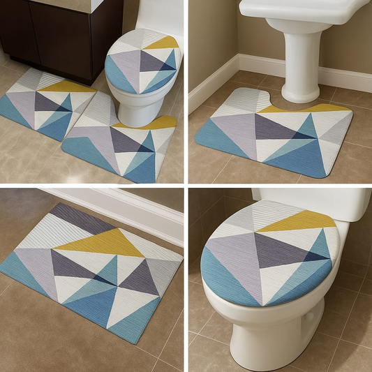 3-Piece Bathroom Mat Set – Geometric Print Absorbent Non-Slip Rugs with Toilet Lid Cover