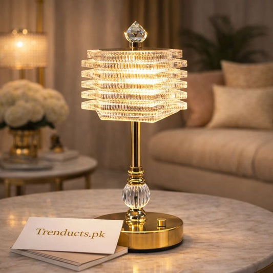 Luxury LED Electric Crystal Tiered Lamp - Modern Gold Night Light for Bedroom & Living Room - Trenducts.pk