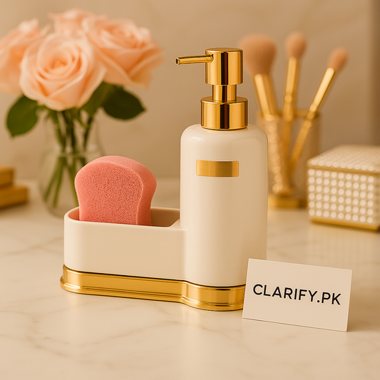 White & Gold Soap Dispenser with Sponge Holder – Modern Kitchen & Vanity Set