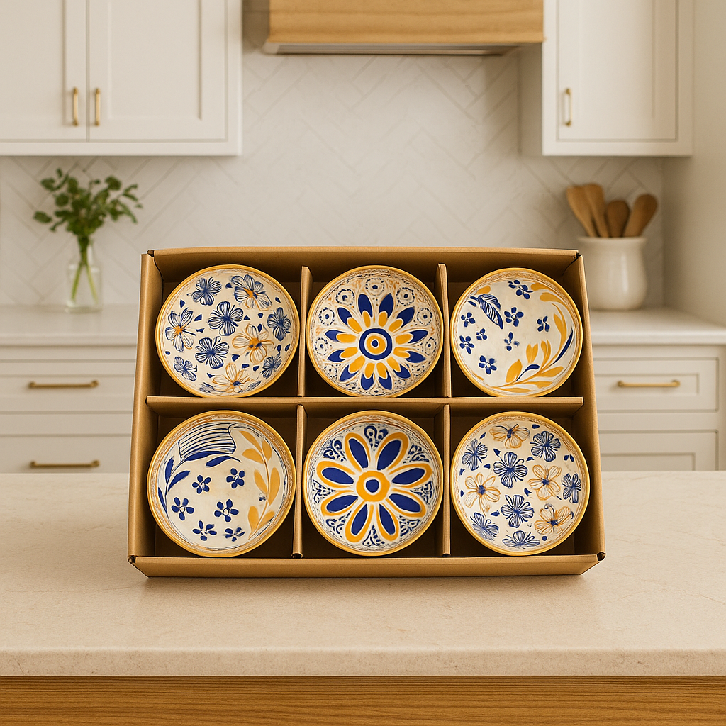 Premium 6 Pcs Ceramic Bowl Set – Blue & Mustard Floral Art