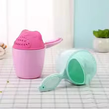 Clarify.pk baby shampoo cup for bath in pink and green with soft spout for gentle rinsing