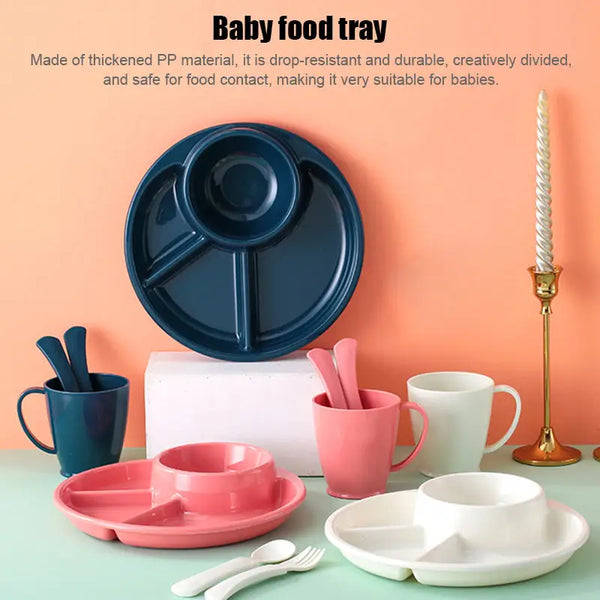 Clarify pk baby feeding set featuring pink navy and white 4 compartment plastic dinner plate with cups and spoons