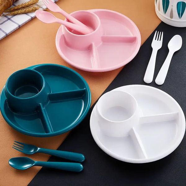 Set of pink teal and white 4 compartment plastic dinner plate for kids with matching spoon and fork