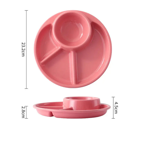 Pink 4 compartment plastic dinner plate with center bowl and three divided sections for meals