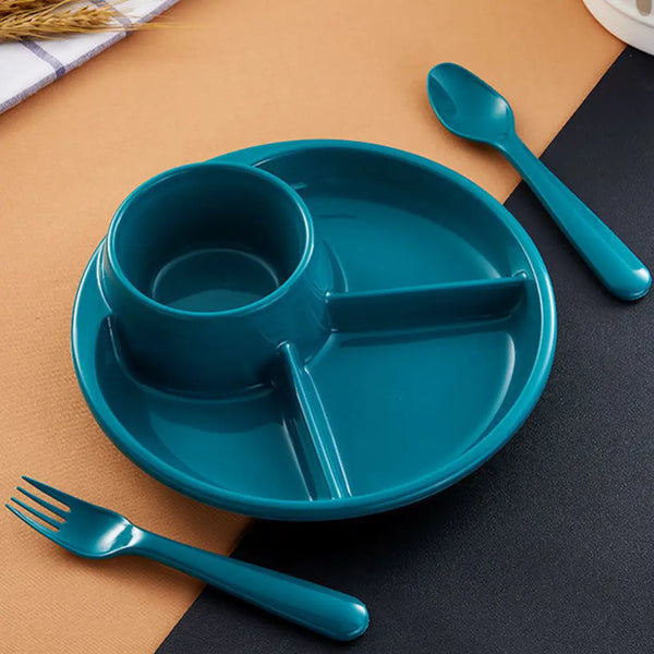 Teal 4 compartment plastic dinner plate with built in dip cup and matching fork and spoon set