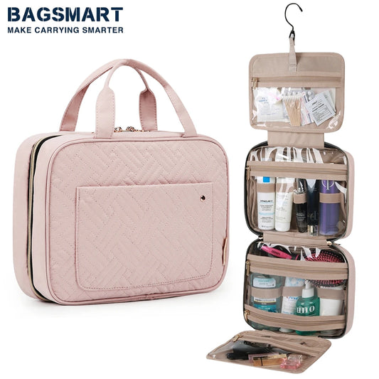 Pink hanging toiletry bag for travel with multiple compartments and clear pockets for organized storage