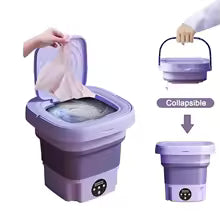 Clarify.pk folding washing machine in purple showing collapsible design and easy portability