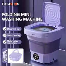 Compact purple folding washing machine with lid open showing water inside for deep cleaning