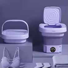 Compact gray and white folding washing machine with digital display and collapsible design by Clarify.pk