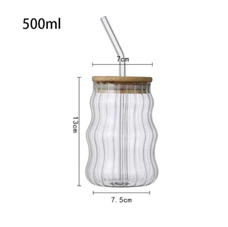 500ml bamboo lid glass mug with straw featuring a wavy design and clear body from Clarify.pk