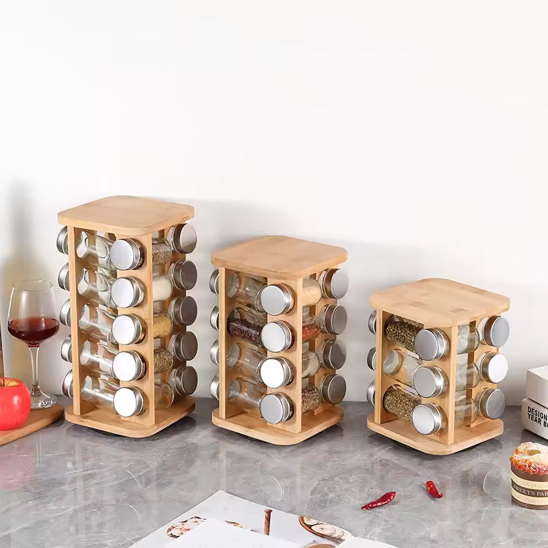Clarify.pk bamboo spice rack organizer set with three rotating wooden holders filled with spice jars