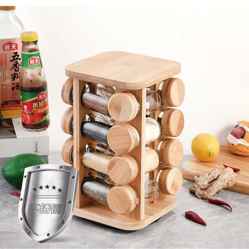 Clarify.pk bamboo spice rack organizer with rotating design holding glass spice jars in kitchen