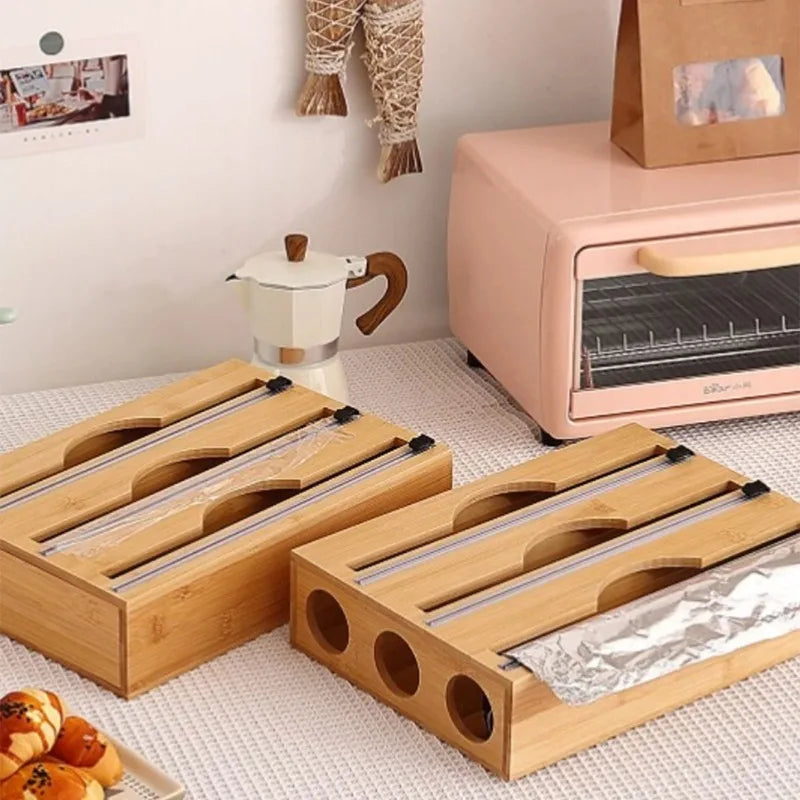 Clarify.pk bamboo wrap dispenser with cutter kitchen wrap organizer holding foil and plastic wrap