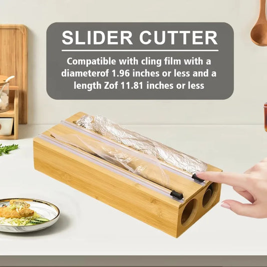 Clarify.pk bamboo wrap dispenser with cutter featuring slider cutter for cling film on kitchen counter