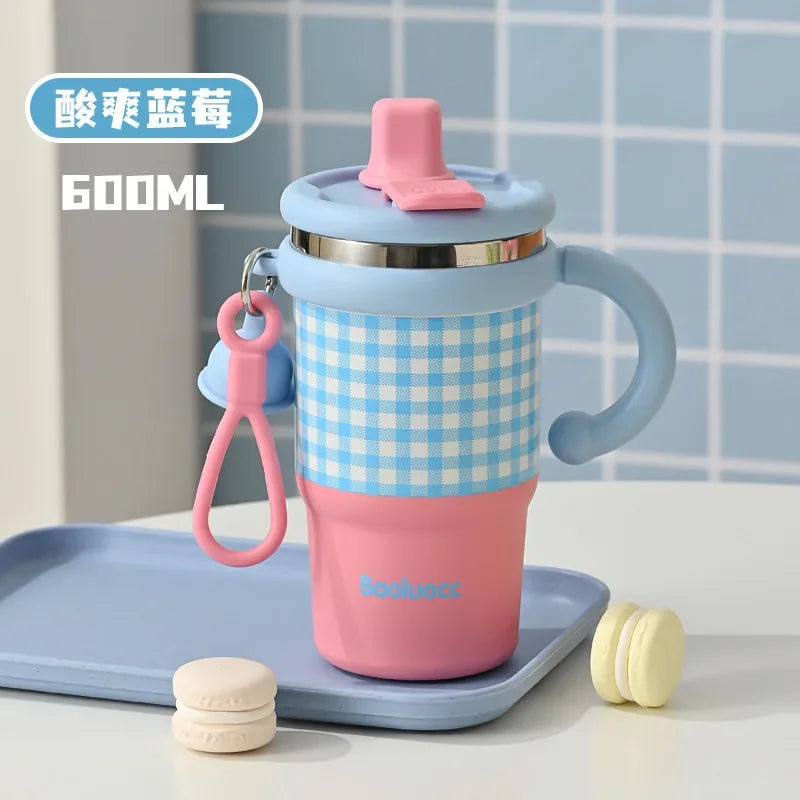 600ml stainless steel kids thermos with blue and pink checkered design and silicone handle