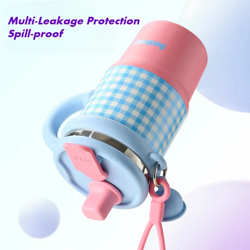 600ml stainless steel kids thermos with pink and blue checkered design and spill-proof lid