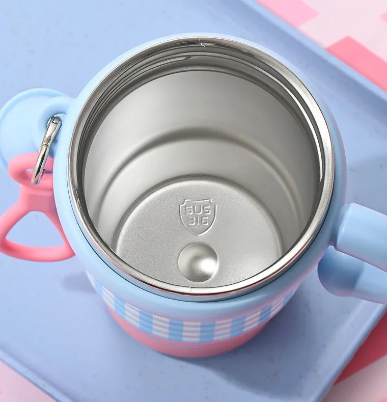 Open 600ml stainless steel kids thermos with light blue and pink checkered design by Clarify.pk