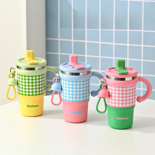 Set of 600ml stainless steel kids thermos in pastel yellow green, blue pink, and pink green with checkered pattern
