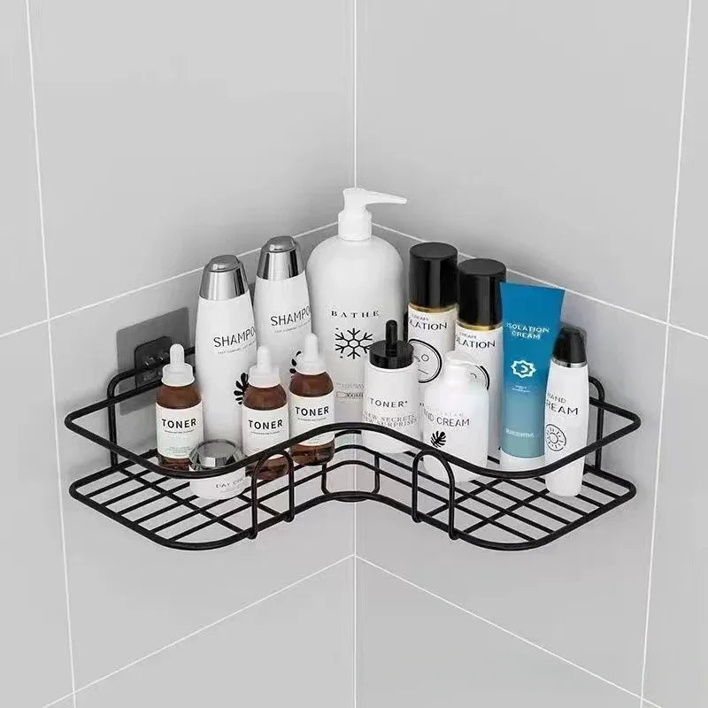 Bathroom corner shelf wall mounted black metal rack holding skincare and shampoo bottles in tiled corner