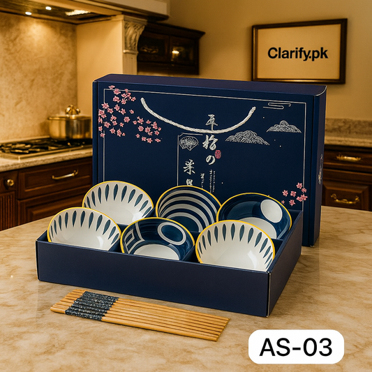 Japanese Ceramic Bowl Set of 6 with Chopsticks – Oriental Blue Blossom Print