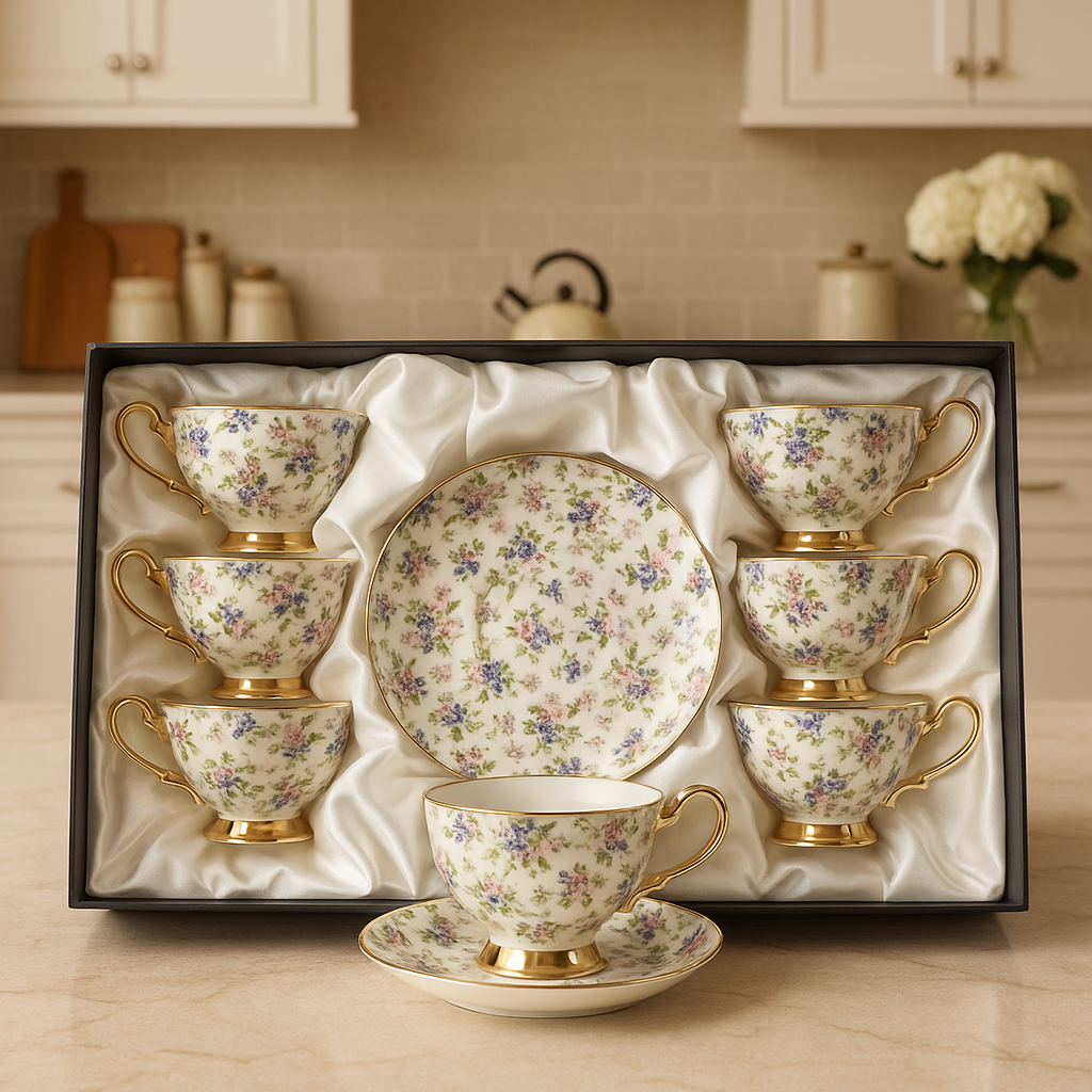 Ceramic 6-Piece Tea Cup & Saucer Set - Elegant Multicolor Flower Pattern