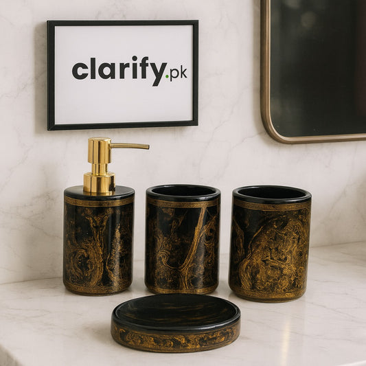 4-Piece Luxury Bathroom Set - Black & Gold Marble Design