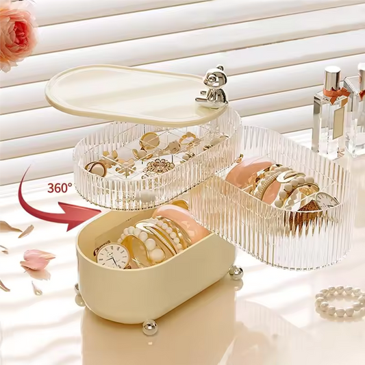 Clarify.pk 360 degree jewelry organizer with rotating compartments holding bracelets rings and watch