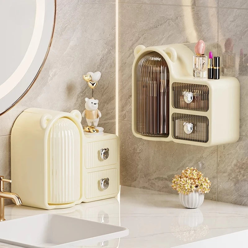 Clarify.pk large capacity cosmetic storage drawer set in beige with bear design, perfect for organizing makeup on bathroom counter