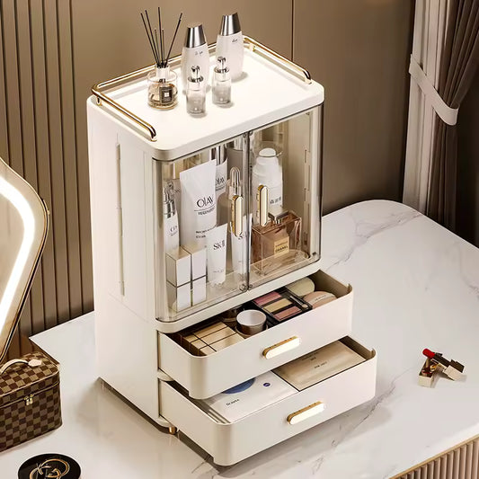 Clarify.pk white cosmetic storage box with drawers featuring clear doors and gold handles