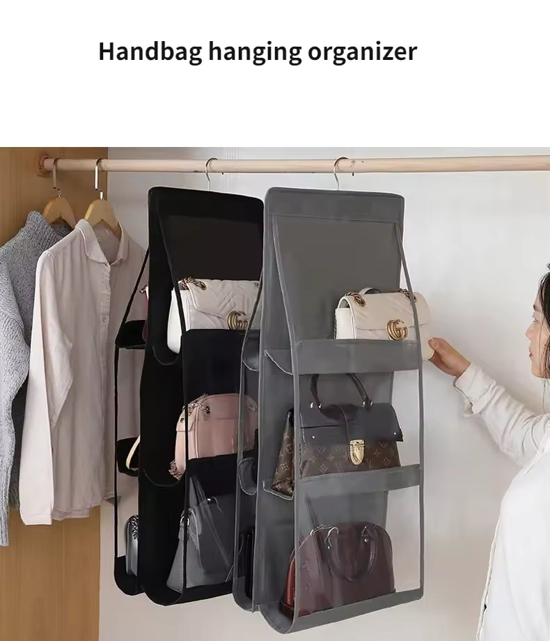 Handbag organizer hanging inside wardrobe for bedroom wardrobe bag storage with multiple clear pockets