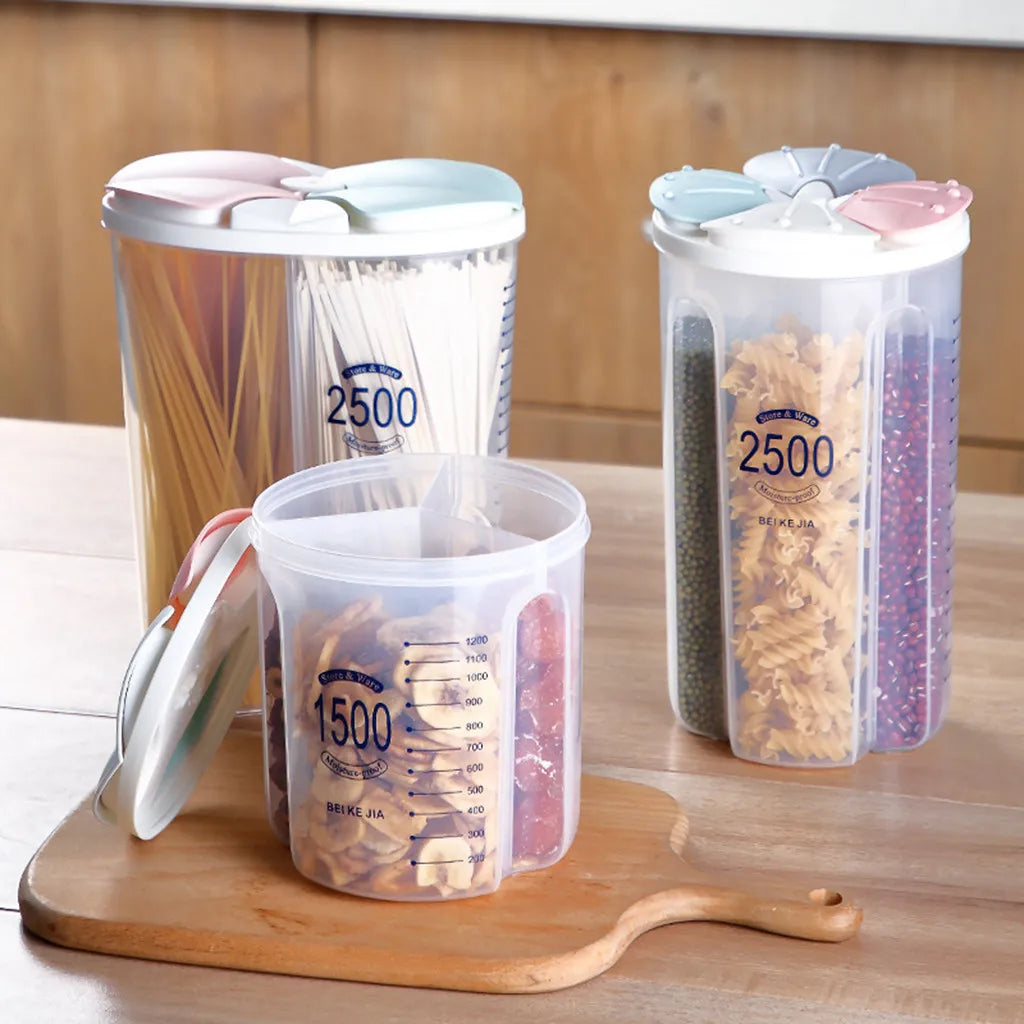 Plastic grain storage container set with multiple compartments for pasta, beans, and grains by Clarify.pk