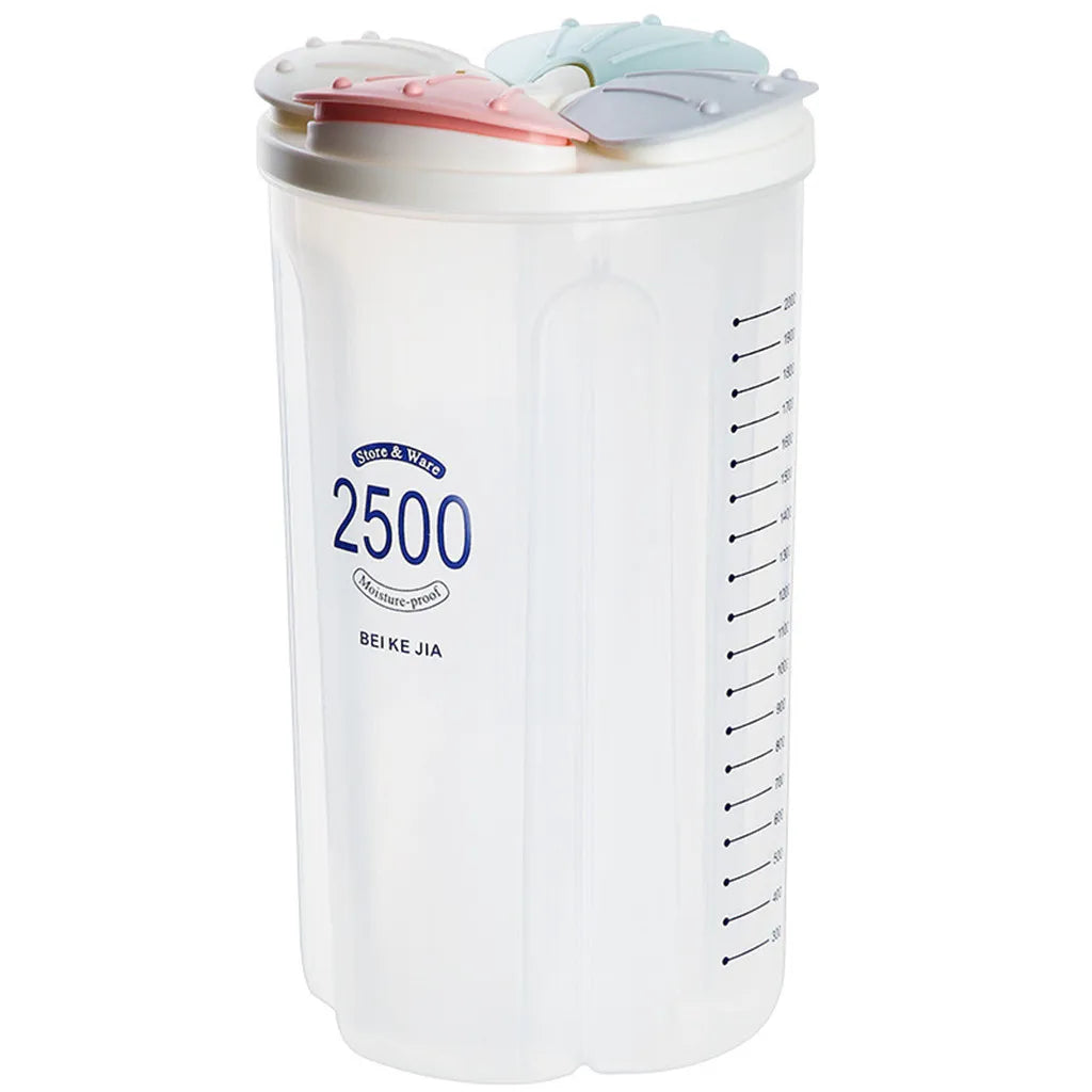 Clear plastic grain storage container with 2500ml capacity and four colored lids for organized storage