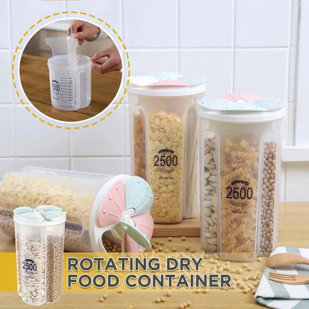 Clarify.pk rotating grain storage container with multiple compartments for dry food storage