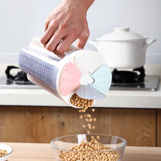 Grain storage container with multiple color-coded dispensers pouring soybeans into a glass bowl